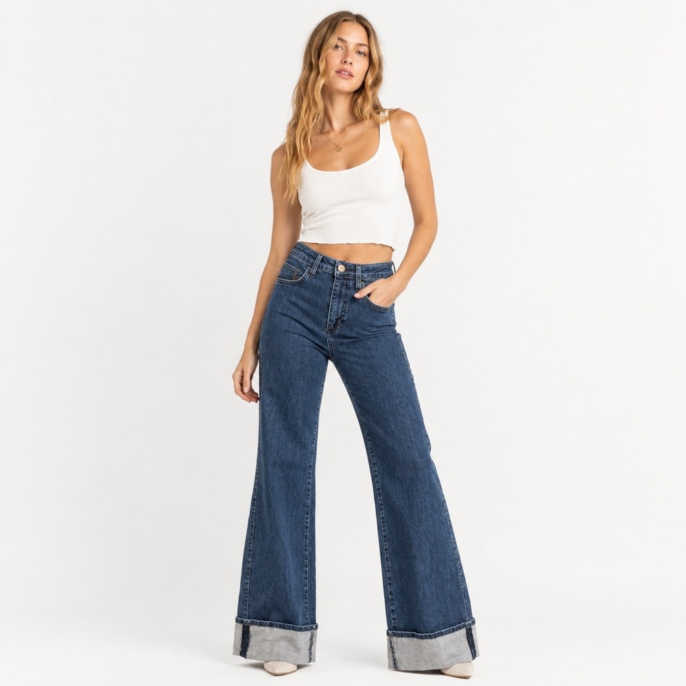 Show Me Your Mumu SF Jeans Womens 24 Highland Blue High Rise Wide Leg Cuffed